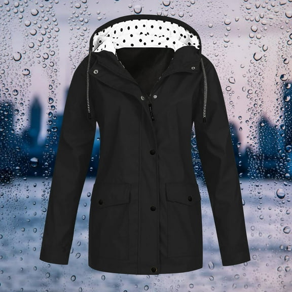 FAOWME Womens Hooded Coat With Pockets Solid Color Long Sleeve Zipper Drawstring Waterproof Mid Length Lightweight Jacket For Outdoor Activities,Black,L