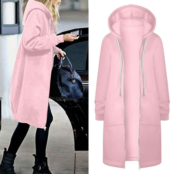 FAOWME Womens Hooded Coat With Pockets Long Sleeve Solid Color Drawstring Zipper Mid Length Warm Jackets For Fall Winter,Pink,Xxxxl