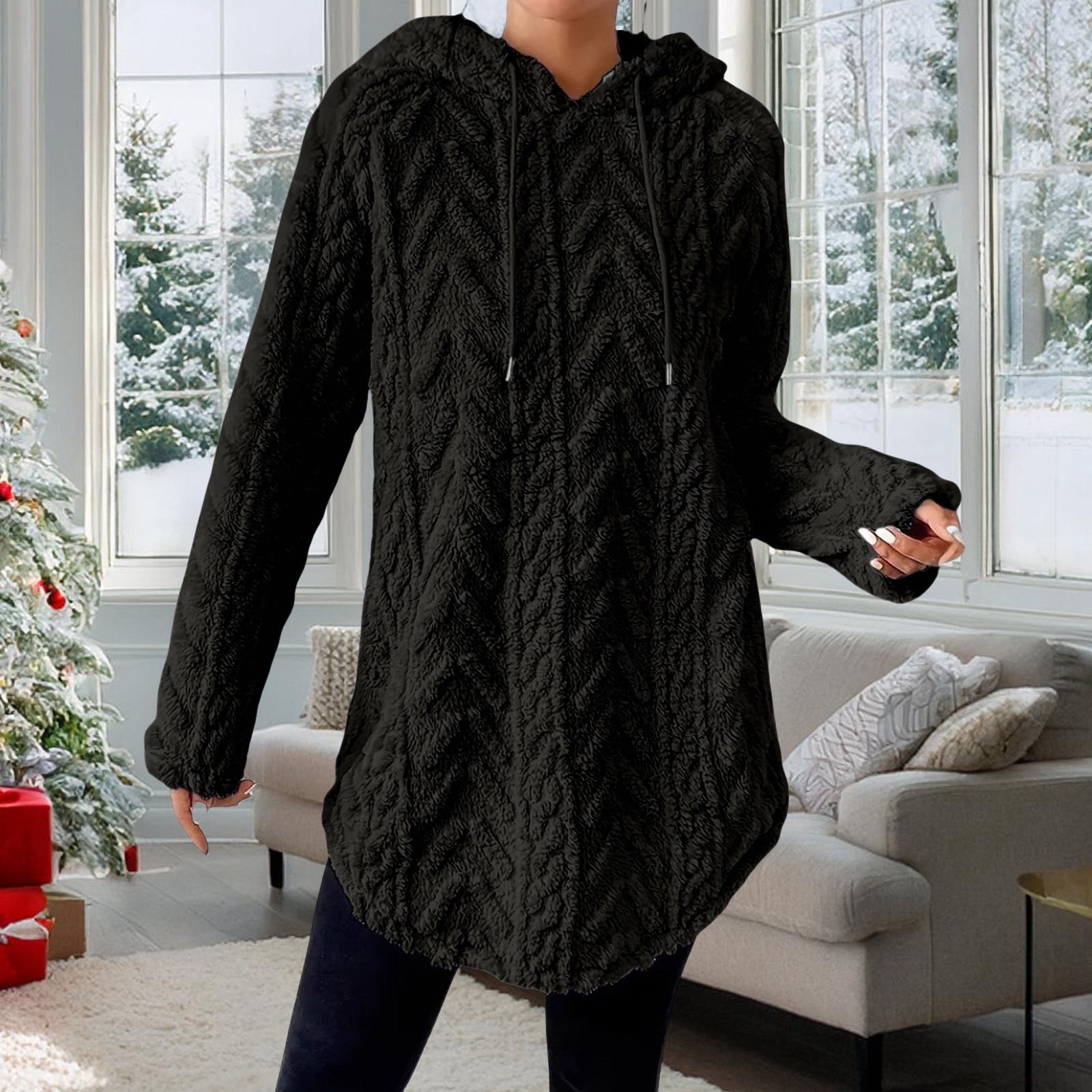 FAOWME Womens Hoodies Long Sleeve Drawstring Solid Color Casual ...