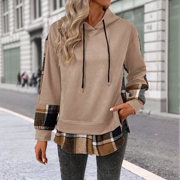 FAOWME Womens Hoodies Long Sleeve Plaid Patchwork Retro Style Drawstring Plush Comfortable Fashion Soft Sweatshirt For Autumn Winter Daily Wear Khaki Xl
