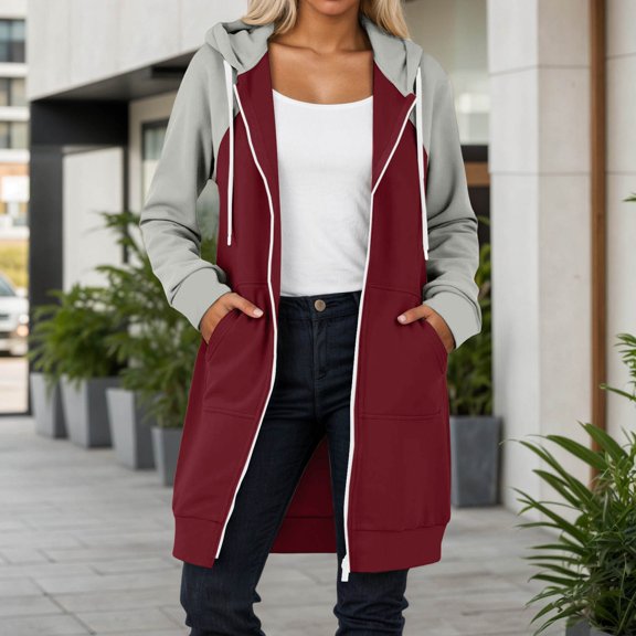 FAOWME Womens Hoodies With Pocket Long Sleeve Color Block Zipper Drawstring Loose Fit Comfortable Fashion Sweatshirts For Autumn Winter Daily Wear Brick Red L