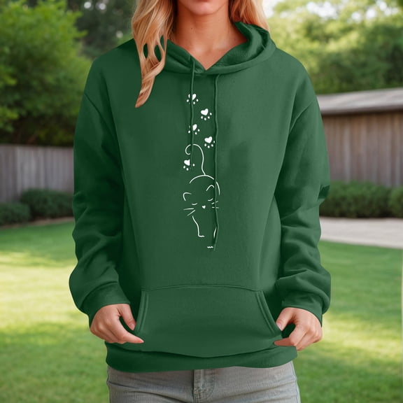 FAOWME Womens Hoodies With Pocket Long Sleeve Cute Animal Print Drawstring Loose Comfortable Fashion Sweatshirts For Autumn Winter Daily Wear Dark Green Xxxl