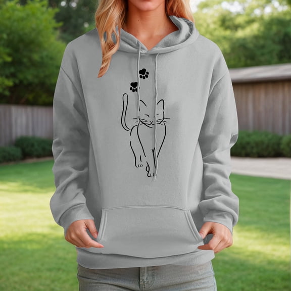 FAOWME Womens Hoodies With Pocket Long Sleeve Cute Animal Print Drawstring Loose Comfortable Fashion Sweatshirts For Autumn Winter Daily Wear Grey Xxl