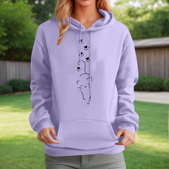 FAOWME Womens Hoodies With Pocket Long Sleeve Cute Animal Print Drawstring Loose Comfortable Fashion Sweatshirts For Autumn Winter Daily Wear Purple M