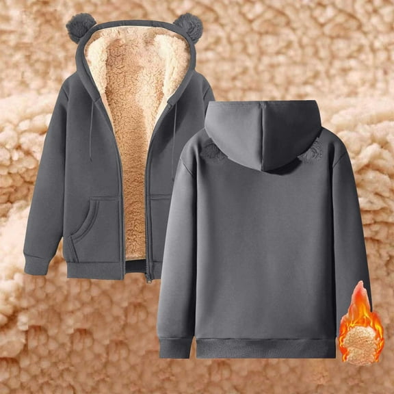 FAOWME Womens Hoodies With Pocket Long Sleeve Solid Color Zipper Plush Thickened Comfortable Fashion Sweatshirts For Autumn Winter Daily Wear Dark Gray S