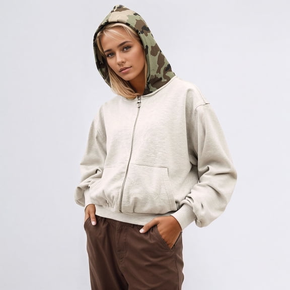 FAOWME Womens Hoodies With Pocket Long Sleeve Camouflage Print Zipper Loose Comfortable Fashion Sweatshirts For Autumn Winter Daily Wear Beige M