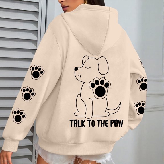 FAOWME Womens Hoodies With Pocket Long Sleeve Cute Animal Print Drawstring Loose Comfortable Fashion Sweatshirts For Autumn Winter Daily Wear Khaki S