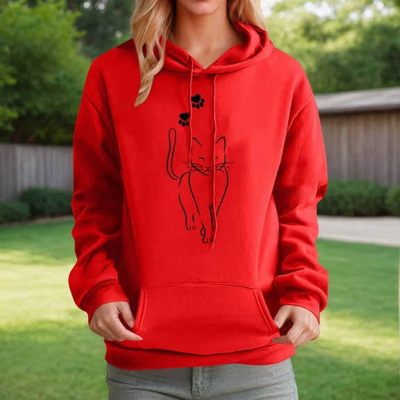 FAOWME Womens Hoodies With Pocket Long Sleeve Cute Animal Print Drawstring Loose Comfortable Fashion Sweatshirts For Autumn Winter Daily Wear Red M