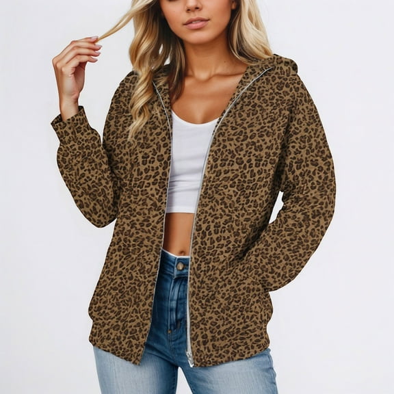 FAOWME Womens Hoodies With Pocket Long Sleeve Leopard Print Zipper Comfortable Fashion Sweatshirts For Autumn Winter Daily Wear Coffee M