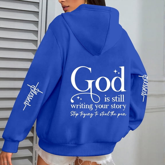 FAOWME Womens Hoodies With Pocket Long Sleeve Letter Print Drawstring Loose Comfortable Fashion Sweatshirts For Autumn Winter Daily Wear Blue M