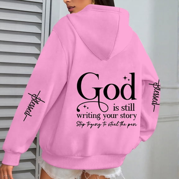 FAOWME Womens Hoodies With Pocket Long Sleeve Letter Print Drawstring Loose Comfortable Fashion Sweatshirts For Autumn Winter Daily Wear Pink S