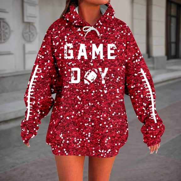 FAOWME Womens Hoodies With Pocket Long Sleeve Sequins Rugby Print Drawstring Comfortable Fashion Sweatshirts For Autumn Winter Daily Wear Red L