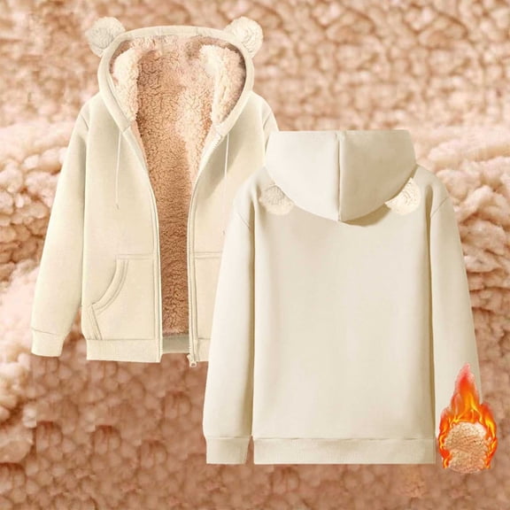FAOWME Womens Hoodies With Pocket Long Sleeve Solid Color Zipper Plush Thickened Comfortable Fashion Sweatshirts For Autumn Winter Daily Wear Beige S