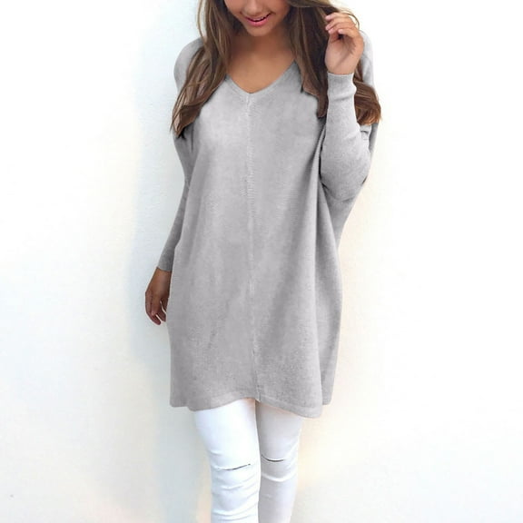 FAOWME Womens Knit Sweater Long Sleeved V Neck Solid Color Fashion Elegant Pullover For Autumn Winter Daily Wear Grey Xl