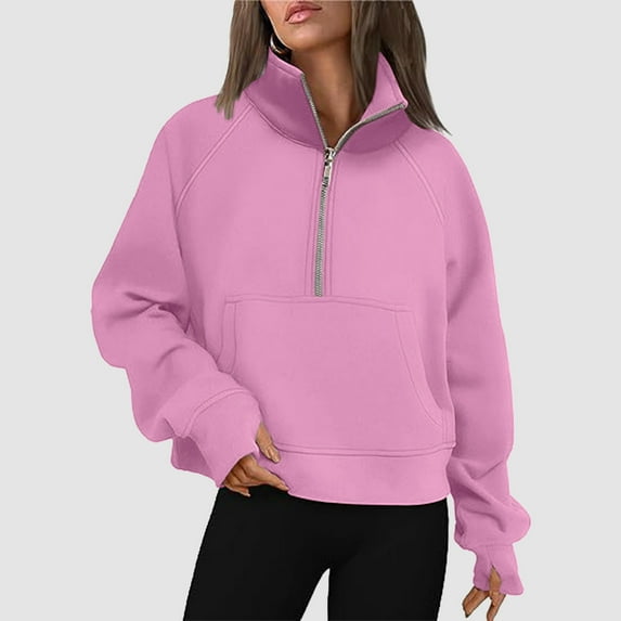 FAOWME Womens Pullover Long Sleeve Half Zip Solid Color Cropped Fashion Comfortable Soft Sweatshirts For Daily Wear Pink M