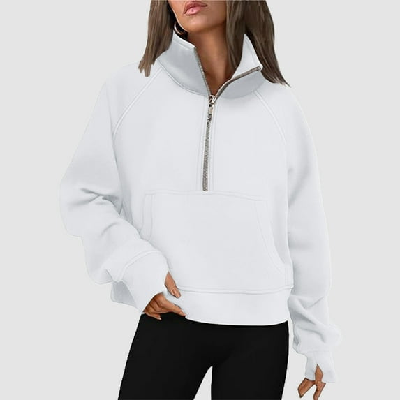 FAOWME Womens Pullover Long Sleeve Half Zip Solid Color Cropped Fashion Comfortable Soft Sweatshirts For Daily Wear White L