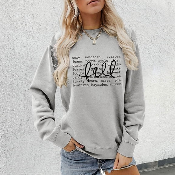 FAOWME Womens Pullover Long Sleeve Round Neck Letter Print Comfortable Fashion Soft Sweatshirts For Autumn Winter Daily Wear Light Gray S