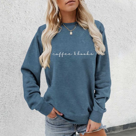 FAOWME Womens Pullover Long Sleeve Round Neck Letter Print Comfortable Fashion Soft Sweatshirts For Autumn Winter Daily Wear Navy M