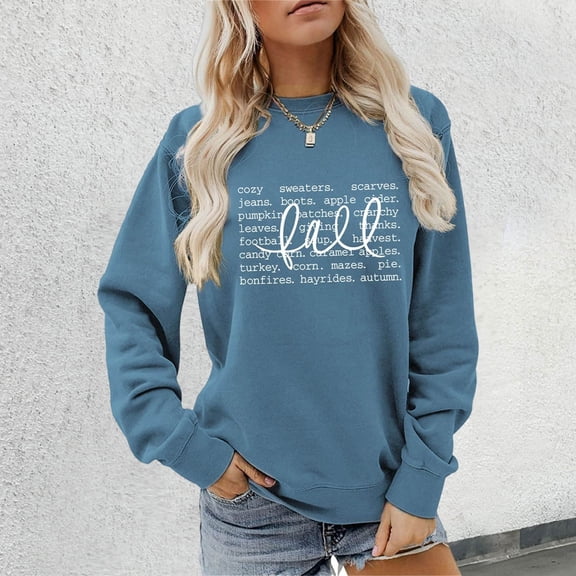 FAOWME Womens Pullover Long Sleeve Round Neck Letter Print Comfortable Fashion Soft Sweatshirts For Autumn Winter Daily Wear Navy S