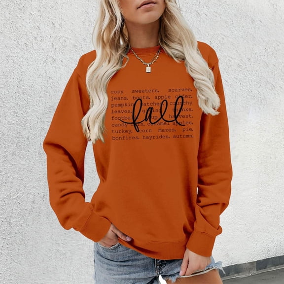 FAOWME Womens Pullover Long Sleeve Round Neck Letter Print Comfortable Fashion Soft Sweatshirts For Autumn Winter Daily Wear Orange M