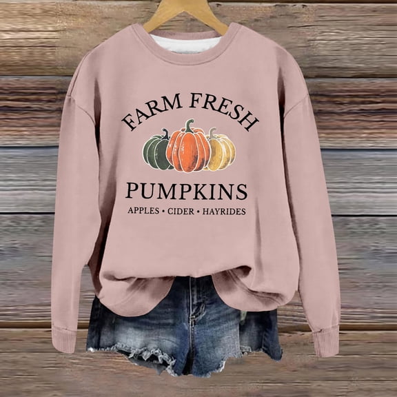 FAOWME Womens Pullover Long Sleeve Round Neck Letter Pumpkin Print Comfortable Fashion Soft Sweatshirts For Autumn Winter Daily Wear Pink M
