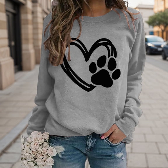 FAOWME Womens Pullover Long Sleeve Round Neck Love Heart Print Casual Comfortable Fashion Sweatshirts For Autumn Winter Daily Wear Dark Gray Xl