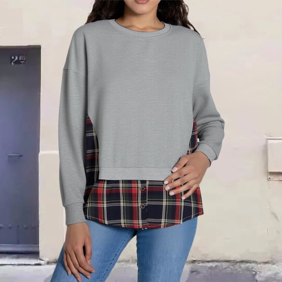 FAOWME Womens Pullover Long Sleeve Round Neck Patchwork Loose Fit Fashion Comfortable Sweatshirt For Autumn Winter Daily Wear Grey Xxxxl