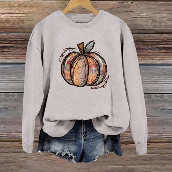 FAOWME Womens Pullover Long Sleeve Round Neck Pumpkin Print Comfortable Fashion Soft Sweatshirts For Autumn Winter Daily Wear Grey Xxl