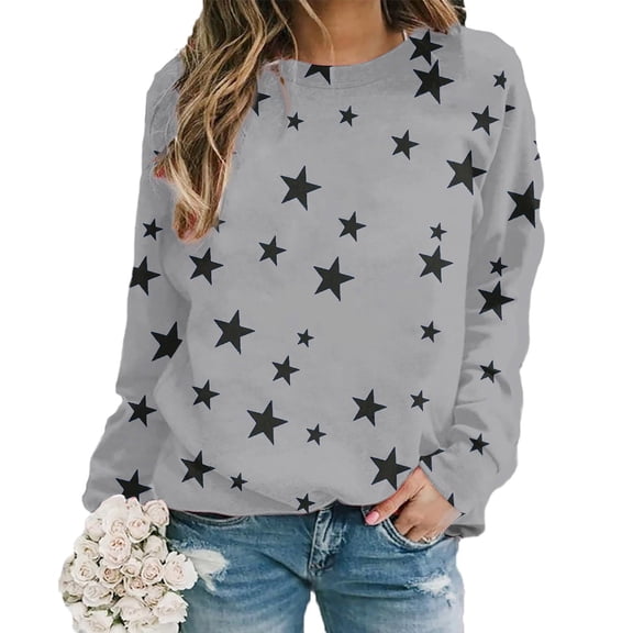 FAOWME Womens Pullover Long Sleeve Round Neck Star Print Loose Fit Fashion Comfortable Sweatshirt For Autumn Winter Daily Wear Light Gray Xl
