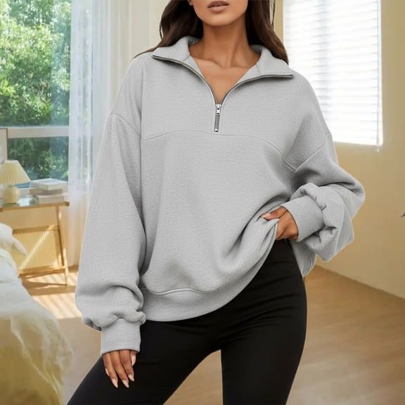 FAOWME Womens Pullover Long Sleeve Turndown Collar Half Zipper Solid Color Comfortable Fashion Sweatshirts For Autumn Winter Daily Wear Light Gray S