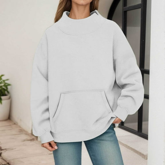 FAOWME Womens Pullover With Pocket Drop Sleeve Solid Color Plush Loose Fit Fashion Comfortable Sweatshirt For Autumn Winter Daily Wear White M