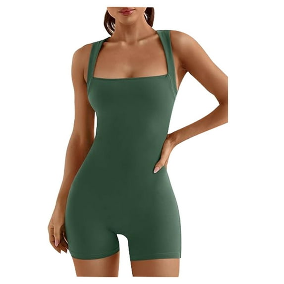 FAOWME Womens Seamless Yoga Romper New Sleeveless Spaghetti Strap Solid Color Stretch Leisure Comfortable Fitness Jumpsuit For Casual Daily Wear,Green,S