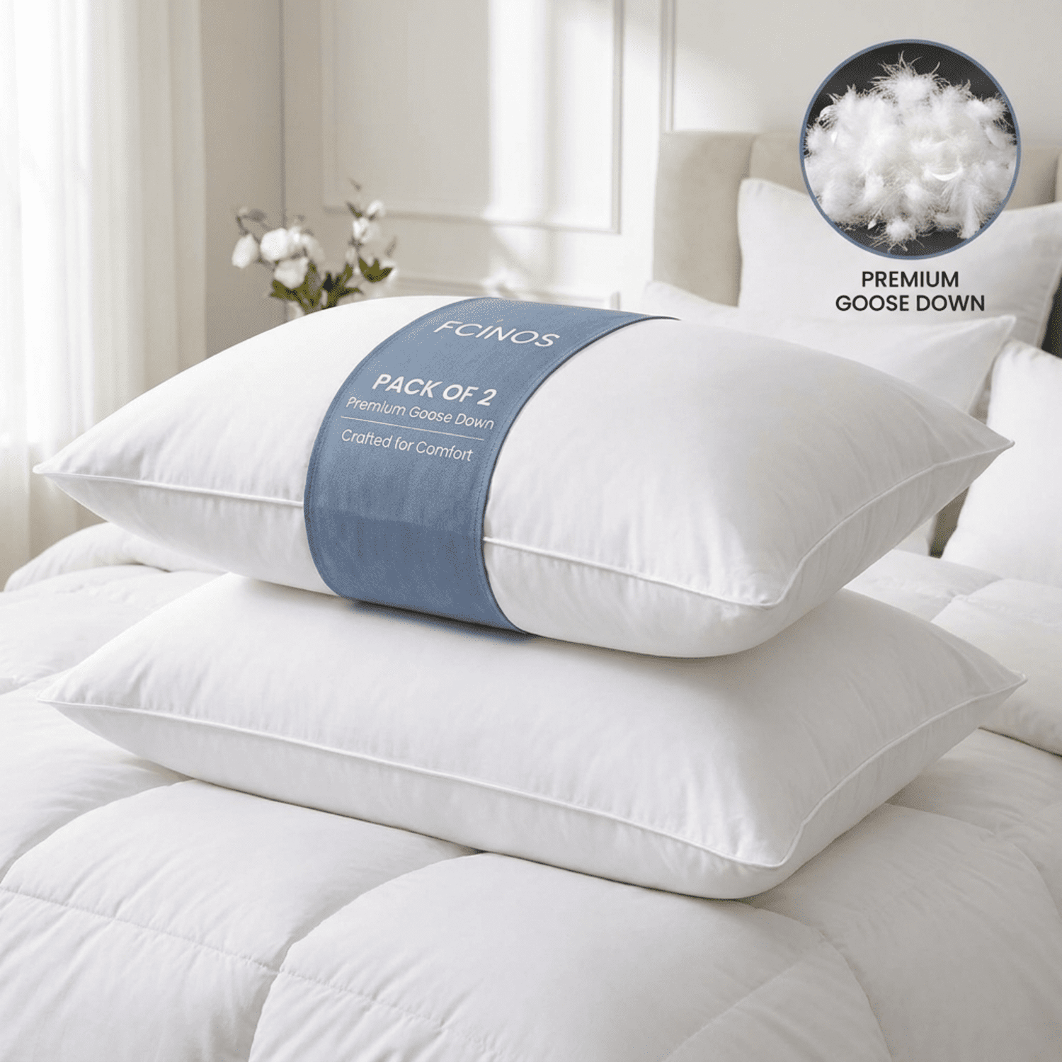 Fcinos Goose Down Pillows and Bed Pillows Set of 2, Queen Size Hotel Feather Cooling Pillows for Sleeping, Throw Pillow with 2 Sets of Soft Cotton Cover
