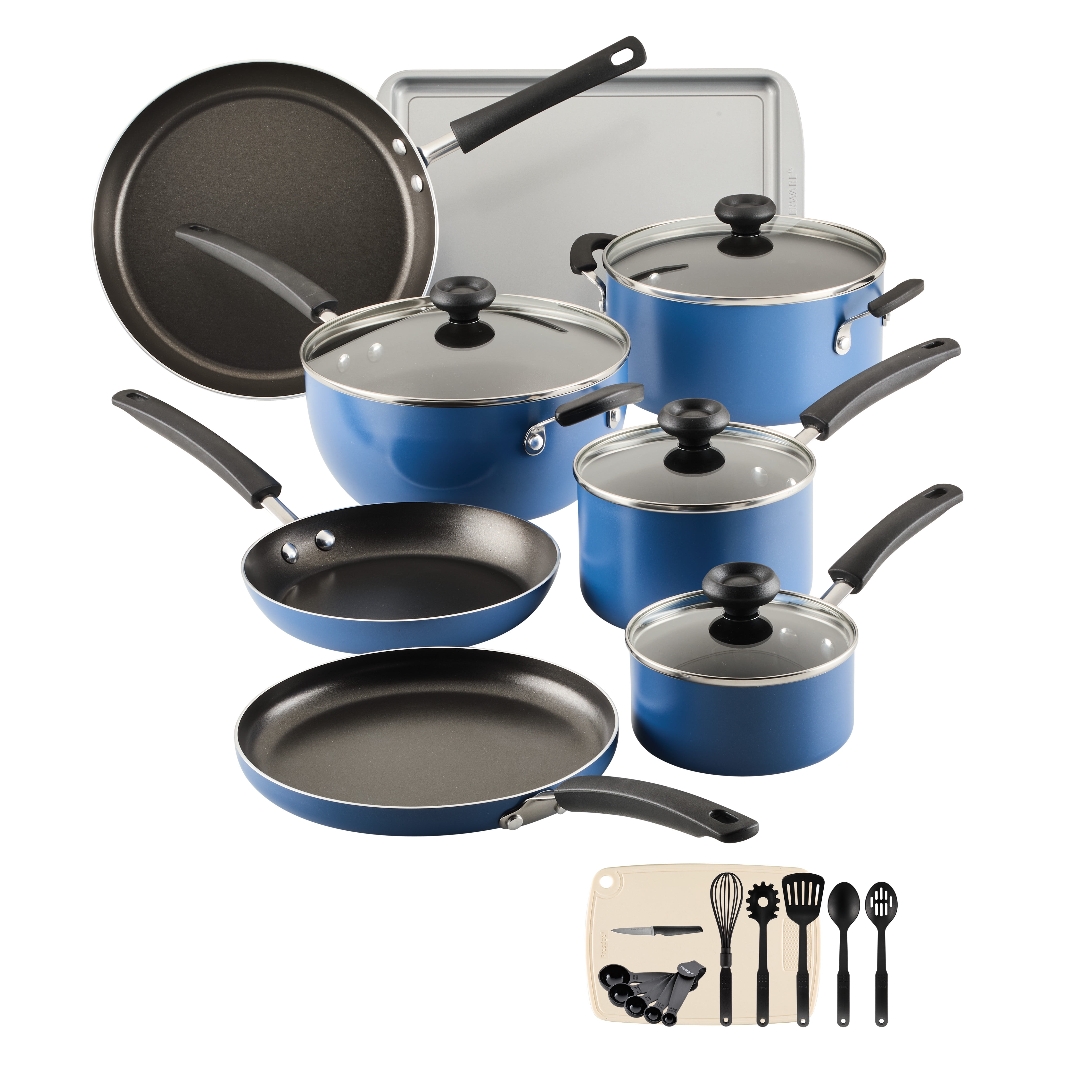 Farberware Easy Clean 24 Piece Aluminum Nonstick Cookware Pots and Pans Set Blue