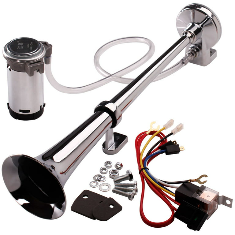 Farbin 12V 150db Air Horn Kit, Super Loud 18 Inches Chrome Zinc Single Trumpet Truck Air Horn with Compressor and Wire Harness for Any 12V Vehicles