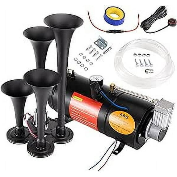 FARBIN 178DB 4 Trumpet Horns Train Horn Kit for Truck Super Loud Air horns with 150 PSI 12V Air Compressor Air Tank Can for Jeep SUV Train Metal Black(0.8 gal 12v black air horn kit)