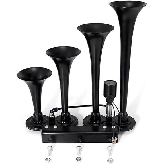 FARBIN 4 Trumpet Air Horn 12/24V Train Horn 178DB Truck Air Horn Super Loud Air horn with Electric Solenoid Universal for Train Truck SUV Boat Metal Black(black Parallel 4-tube 12/24V)