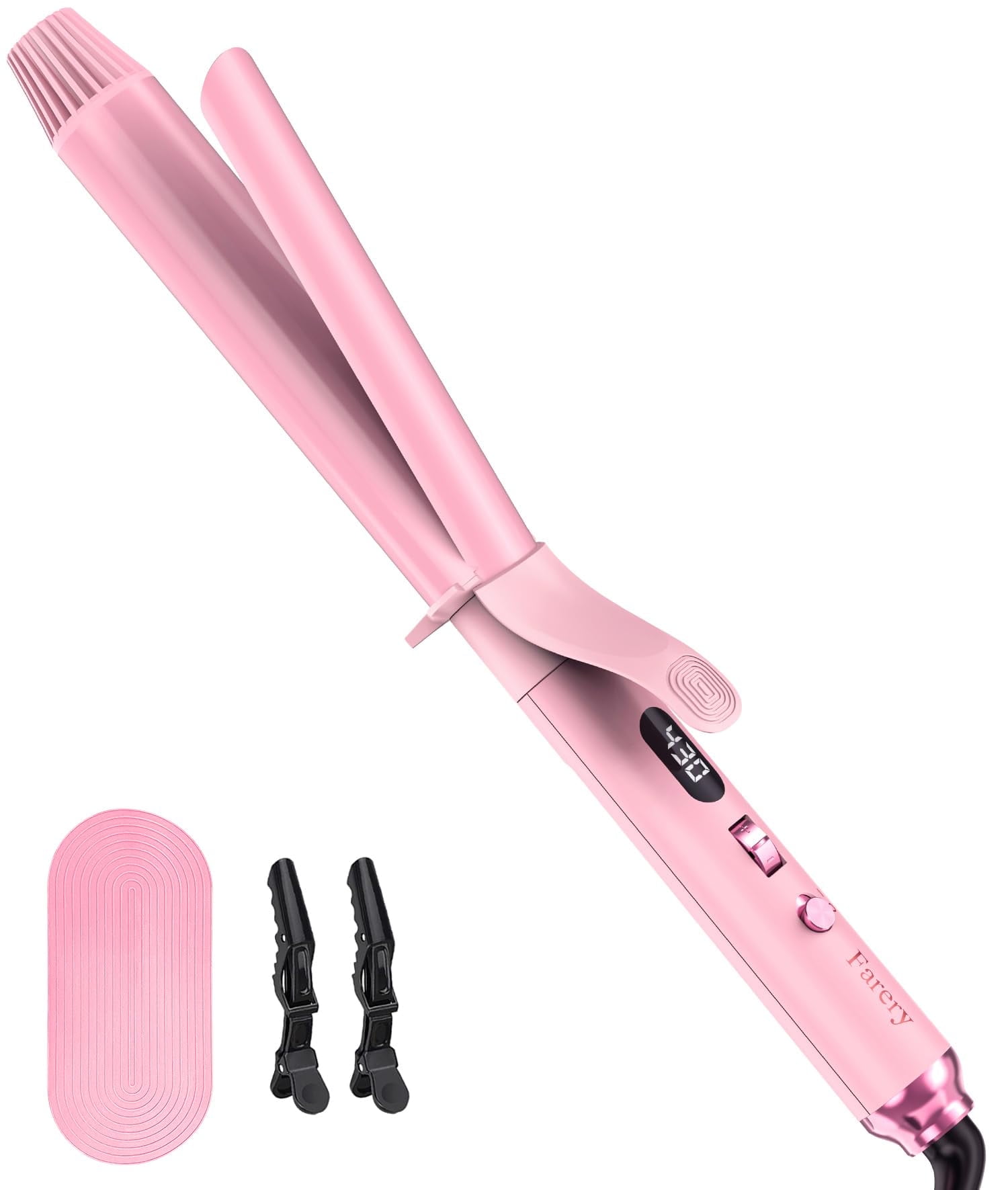 FARERY Long Barrel Curling Iron 1-1/4 inch, Extra Long Ceramic Curling Iron for Thin Hair, Pink