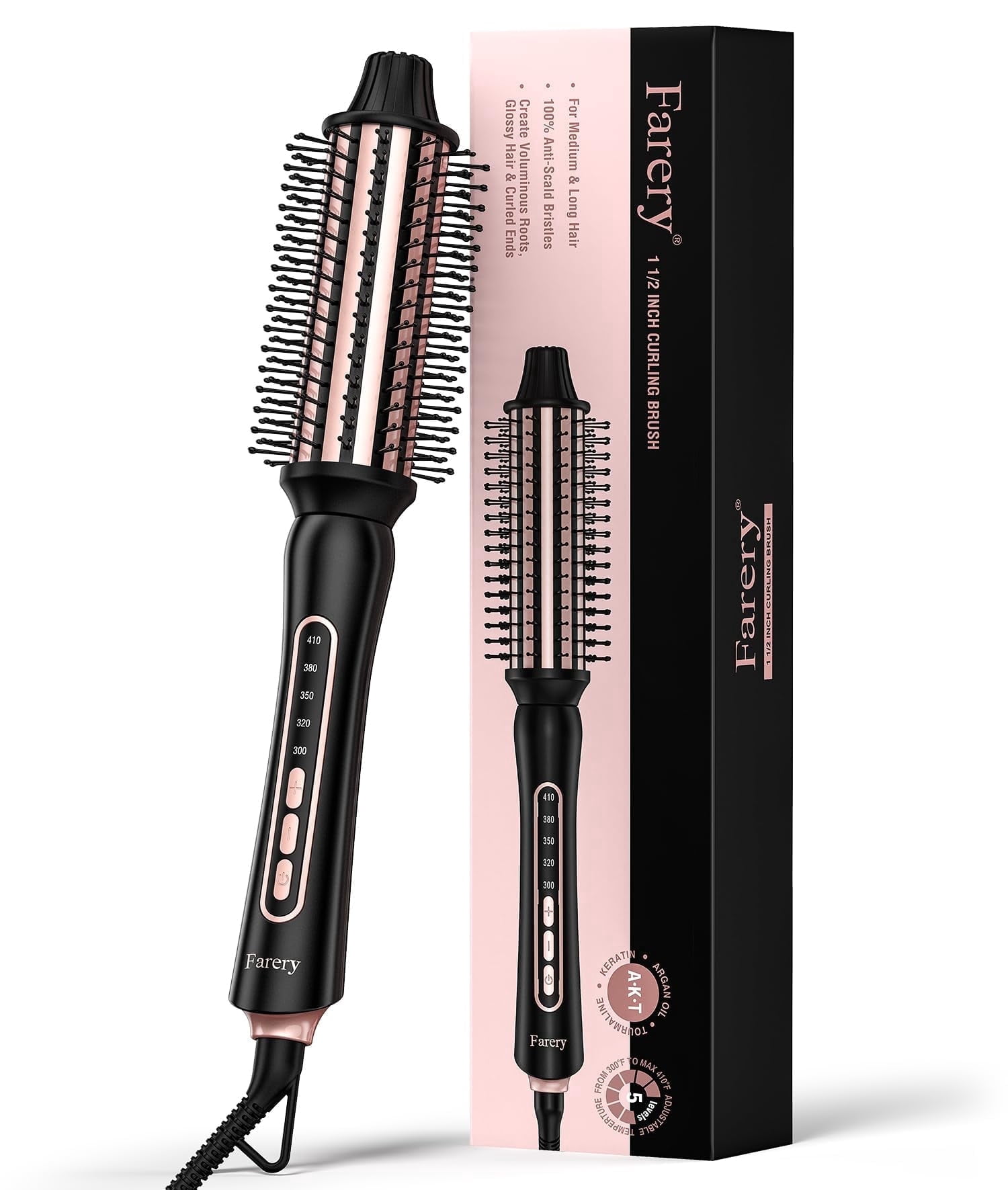 FARERY 1.5" Hot Curling Brush for Big Bouncy Curls, Non-Blowing Heated Round Brush, Black