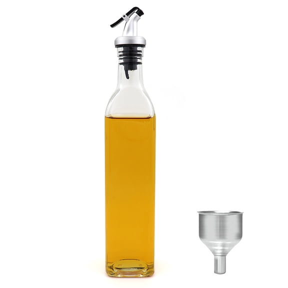 FARI Olive Oil Dispenser Bottle - 17 Oz Glass Cooking Oil and Vinegar Cruet No Drip with Stainless Steel Funnel