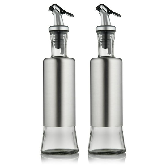 FARI Stainless Steel Olive Oil Dispenser Bottles, 2 pack of 10oz Glass Cooking Oil & Vinegar Cruets for Kitchen and BBQ