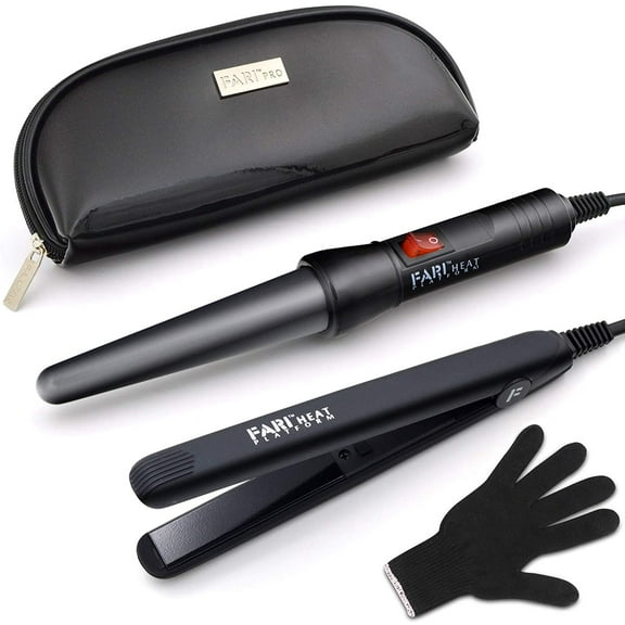 FARI Travel Hair Curling Iron and Mini Flat Iron 2 in 1 Kit, Ceramic Tourmaline Curling Wands and Hair straighteners Set, Heat Resistant Glove and Travel Pouch Included