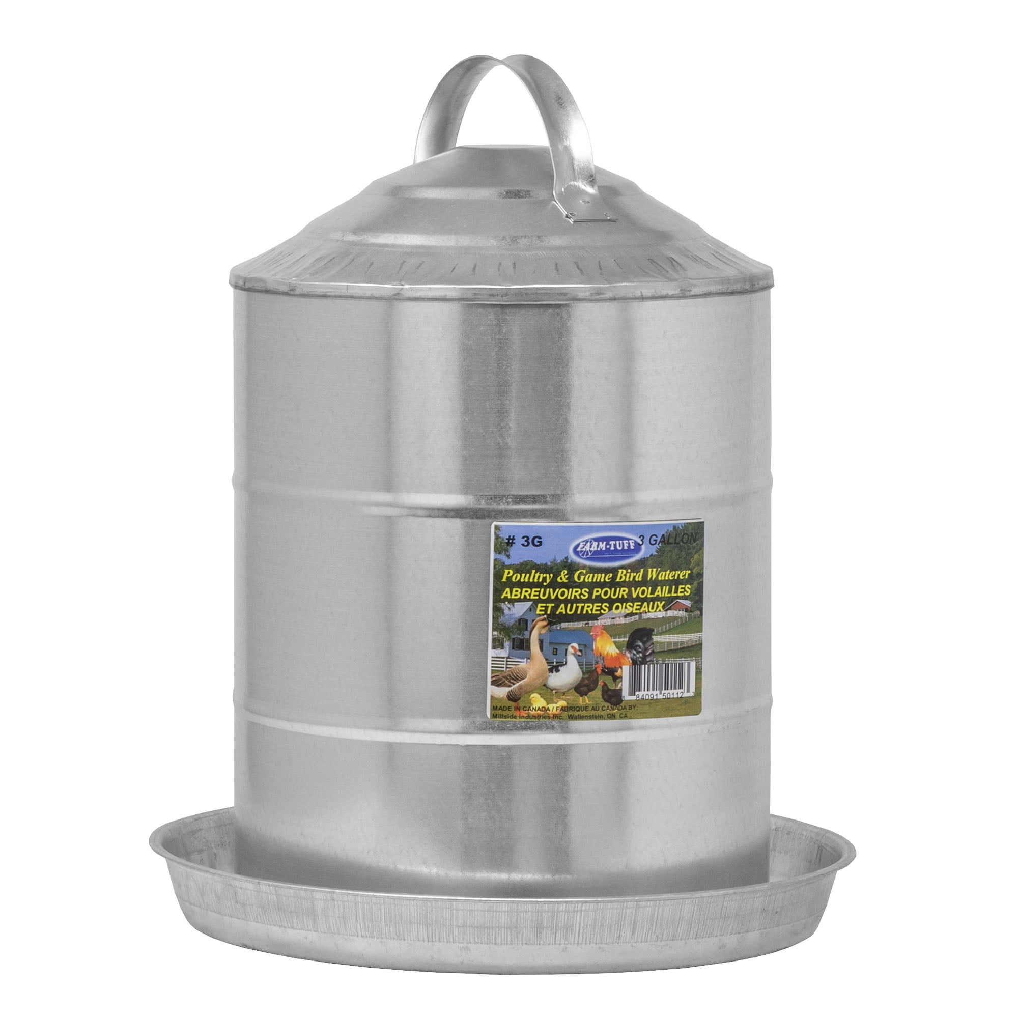 FARM-TUFF Double Wall Cone Top Galvanized Metal Automatic Poultry Fountain Waterer for Chickens, 3 Gallon Capacity