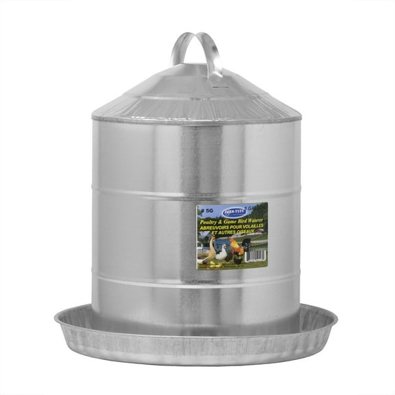 FARM-TUFF Double Wall Cone Top Galvanized Metal Automatic Poultry Fountain Waterer for Chickens, 5 Gallon Capacity