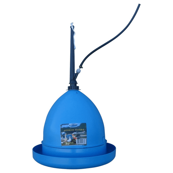 FARM-TUFF Durable Plastic Hanging Automatic Poultry Waterer with Hose Hook Up for Chickens, Blue