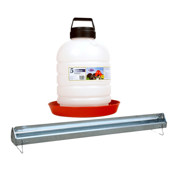 FARM-TUFF Top Fill Hanging Plastic Automatic Poultry Fountain Waterer and Metal Rectangular Poultry Feeder, Combo Pack