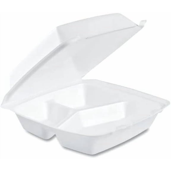 FARMAHAR Foam Hinged Lid Containers with 3-Compartments - 200/Carton, 8.38 x 7.78 x 3.25 - Commercial Food Storage Containers