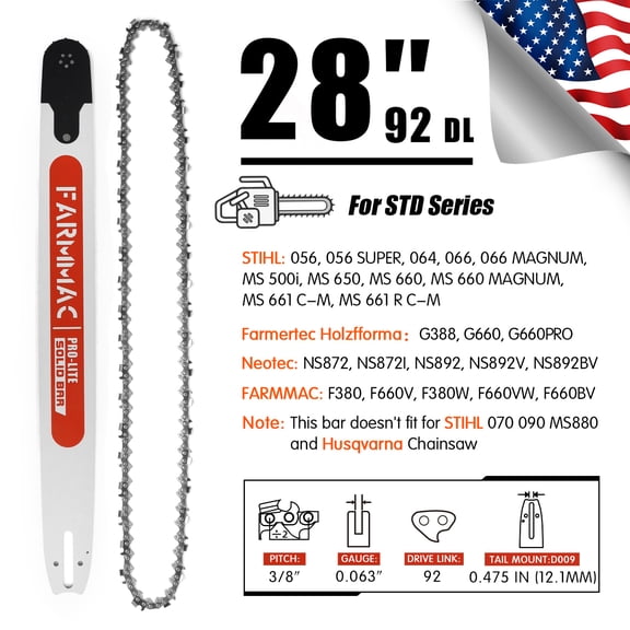 FARMMAC 28 Inch Chainsaw Guide Bar & Chain Combo Alloy Chainsaw Bar, 3/8" Pitch 0.063" Gauge, 92 Drive Link, Full Chisel Chain, Fit for Stihl MS660 MS661 MS650, for Oregon 363RNDD025
