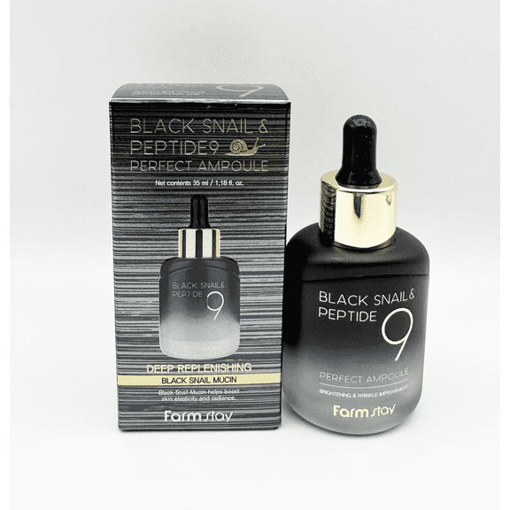 FARMSTAY Black Snail & Peptide9 Perfect Ampoule Deep Replenishing, Brightening & Wrinkle Improvement, 35mL / 1.18 fl oz