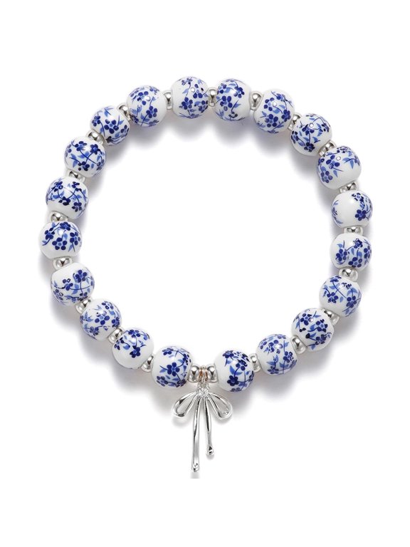 Bow Charm Ceramic Bracelet for Woman, Blue and White, Sliver Bow Charm